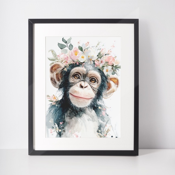 Watercolor Floral Monkey Portrait Wall Art Print Unframed - Playful Jungle Charm - Picture 3 of 6